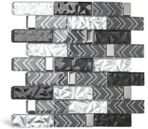 Blujellyfish Glasfliesen 3D-Fliesen für Küche Badezimmer Wandrückwand Braun Silber Luxus Texturierte Kunst Mosaik Mesh Montiert ineinandergreifende Glasziegel Akzentfliese NB35C (5 Blatt)