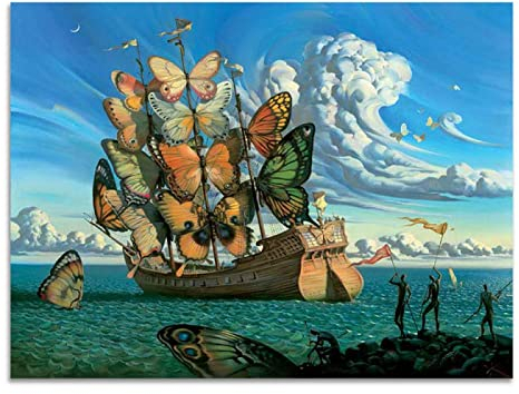 GEMMII Abstract Leinwandbilder Fertig zum Aufhängen Salvador Dali Ship With Butterfly Insect Painting Poster And Prints Wall Art Picture Home Decor 50x75cm Frame