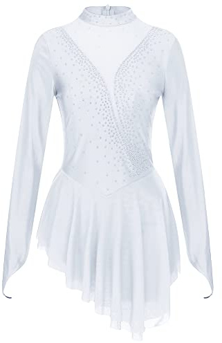 iEFiEL Damen Tanzkleid Patchwork Eiskunstlauf Kleid Langarm Kürkleid mit Strass Rollkunstlauf Wettbewerb Tanzanzug