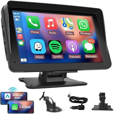 Portable Car Radio Wireless CarPlay Screen Android Auto Screen, Rimoody 7 Inch Touchscreen Bluetooth Portable Car Radio with FM Transmitter Voice Control