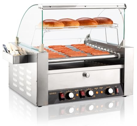 ROVSUN 30 Hot Dog 11 Roller, Hot Dog Roller Warmer Grill Cooker Machine w/Bun Warmer, Cover, Dual Temp Control, LED Light, Removable Shelf & Drip Tray for Party Home Commercial 2000W ETL Certified