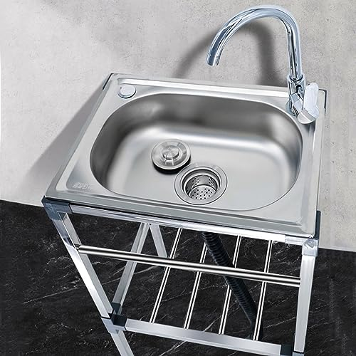 Mobiles Spültisch Edelstahl Spülbecken Freistehend Gewerbliche Spülbecken Mit heißem und kaltem Wasserhahn,Camping Einzelschalen Ausgussbecken,Für Restaurant,Waschküche (42x37x83cm)