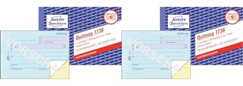 AVERY Zweckform 1736 Quittungsblock (A6 quer, 2x40 Blatt, mit Durchschlag, fälschungssicher, inkl. MwSt., für Deutschland und Österreich) weiß/gelb (Packung mit 2)