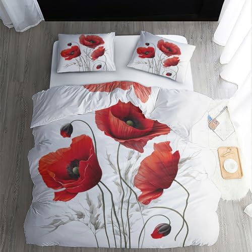 ECOTOS Housse de Couette Coquelicot 220x240 - Parure de Lit 2 Personne Adulte Fleurs Plantes - Ensemble de Literie en Microfibre Douce avec Fermeture éclair, 2 Taies d'oreiller 65x65 cm