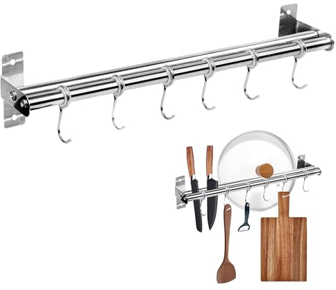 Porte Ustensiles Cuisine, Support Ustensiles Cuisine En Acier Inoxydable, No-Punch Porte Casserole Mural, Multi-Purpose Twin Bar Barre Cuisine Ustensile, Porte Ustensiles Cuisine Mural Avec 6 Crochets