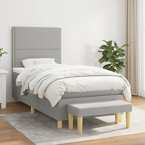 Homgoday Boxspringbett mit Matratze Polsterbett Doppelbett Einzelbett Gästebett Bett mit Lattenrost & Bettbank Bettgestell mit Kopfteil (Flach mit Nägeln) Hellgrau 90x190 cm Stoff