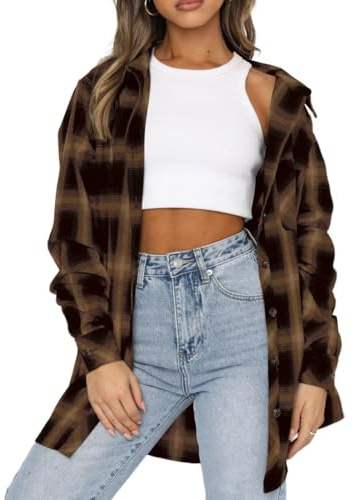 LACOZY Women Plus Size Checked Shirts Cute Flannels Long Sleeve Tops Button Down Plaid Shirts Khaki Medium