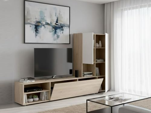 Dmora - Parete attrezzata Ainos, Composizione soggiorno, Mobile salotto multiuso, Armadio porta TV, 227x40 h141 cm, Bianco e Rovere