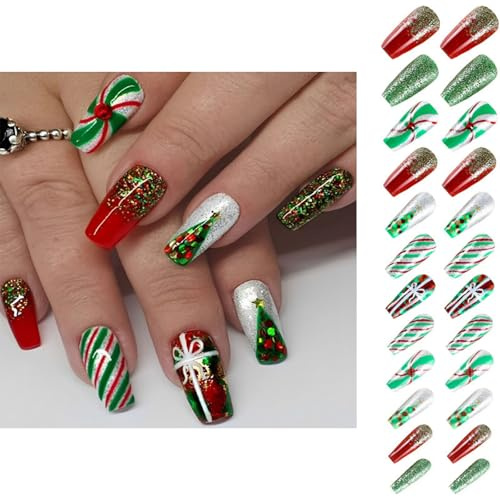 Lot de 24 faux ongles de Noël à paillettes - Long carré rouge - Motif flocons de neige - Couverture complète - Cadeau pour femme - French Tip - Manucure avec autocollants de colle
