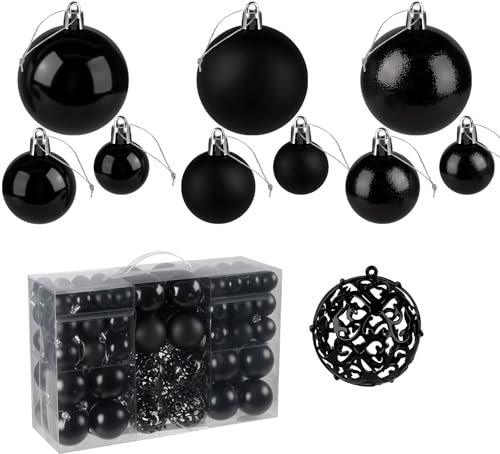 Weihnachtskugeln Schwarz, 100 Stück Christbaumkugeln Ornamente, Weihnachtsbaum Deko Kunststoff, Weihnachtsbaumschmuck ∅ 3, 4 & 6 cm, Weihnachtsbaumkugeln für Weihnachtsdeko