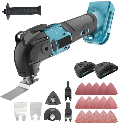 18V Akku Multifunktionswerkzeug mit 3.0ah Akku*2 Ladegerät,22pcs Zubehör, 6 Geschwindigkeitsmodi（von 8500-22000U/min）4° Oszillationswinkel, zum Schneiden, Schnitzen, Bohren
