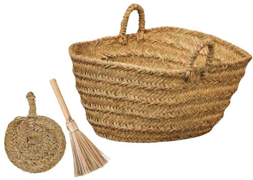 Cesteria Aparici - Leñero de Esparto GRANDE (70cm) + REGALO Escobilla y Aventador. Capazo Ovalado Artesanal para Leña y Almacenaje Rústico. (70x40x32 cm, Ref. 7109-5) PACK.