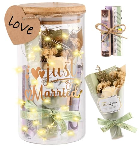 Hochzeitsgeschenke für Brautpaar, LED Glasflasche Hochzeit mit Bambusdeckel | Geldgeschenk Hochzeit Verpackung mit Trockenblumen, Hochzeitsgeschenk Geld,Geschenk für Hochzeit Verlobung Jahrestag