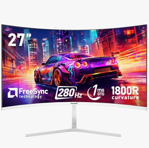 Gawfolk 27 Inch PC computer screen,1800R Curved Gaming 280Hz Monitors, FHD1080p 1ms without Bezel, freesync, 98%sRGB,178 ° Angle View HDMI DisplayPort, Compatible with Wall-Mounted VESA100*100MM-White