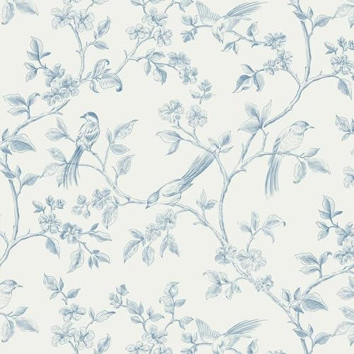 Yomshi Papier Peint Autocollant Bleu 41 × 600 cm Film Adhésif pour Meubles Fleurs et Oiseaux Papier Peint Mural Amovible Film Adhésif en Vinyle Film Décoratif Imperméable pour Salon Chambre à Coucher