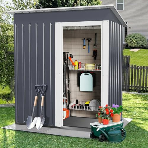 5ft x 3ft Large Outdoor Storage Sheds Bike Shed Grey with Sliding Door, Garden Tools Storage Shed Outdoor House for Backyard