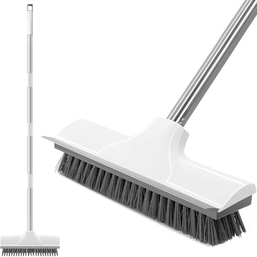 BONAVCY Floor Scrubbing Brush with Squeegee, Long Handle Stiff Bristle Deck Cleaning Brush for Bathroom Deck Tile Patio Floor, White