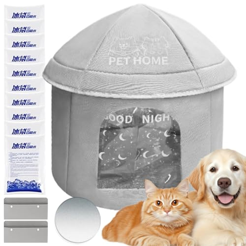 Huxibai Caseta refrescante para gatos de exterior, caseta aislada para perros, interior y exterior, refugio plegable impermeable con tumbonas de bolsillo frío para exterior, jardín, balcón interior
