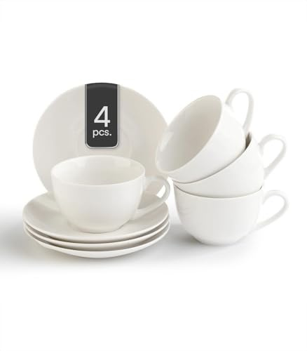 Cappuccinotassen mit Untertasse - 220 ml - Weiß - Bone China - 4er Set