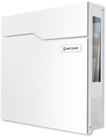 Metzler Boîte aux Lettres Blanche RAL 9016 – Murale avec Compartiment journaux, fenêtre de visualisation et Plaque de nom Interchangeable – boîte Postale résistante Hoffmann SF