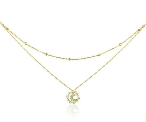 925 Sterling Silber Vintage Gold Sonne und Mond Doppelschichten Choker Halsketten Anhänger für Frauen Silber Fine Schmuck