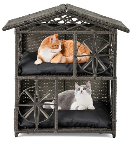 GYMAX Rattan Katzenhaus auf 2 Ebenen, Katzenhöhle mit 2 abnehmbaren Kissen, Fenstern & Türen, Katzenmöbel, Katzenbett, Haustierhaus für drinnen & draußen