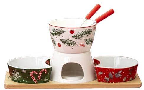 6pc Christmas Chocolate Fondue Set Ceramic Melting Cheese Serving Pot 2 Forks