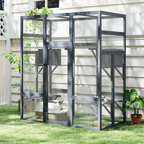 Catio Outdoor Katzengehege Katzen Großer Katzenauslauf 159 x 82 x 178cm Kitty Haus Katzenhaus mit Brücken, Spaziergänge, Kleine Häuser, Dachabdeckung (Dunkelgrau)