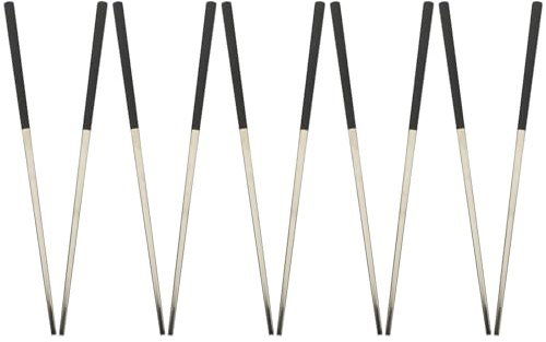 DEARMAMY Set 5 Paia Bacchette in Acciaio Inox 304 Antiscivolo Leggere e Resistenti Bacchette di Metallo per Uso Domestico Campeggio e Ristorazione Asiatica Lunghe 235 CM Nere e