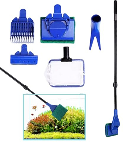 Kit Strumenti Pulizia Acquario con Manico Lungo | Set di strumenti per la pulizia di acquari e vasche per pesci per Tartarughe, Rettili, Betta, Alghe, Pareti, Casa e Cucina