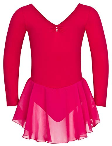 tanzmuster ® Ballettkleid Mädchen Langarm - Anna - (92-170) aus weichem Baumwollstoff mit Glitzersteinen und Chiffon Röckchen fürs Kinder Ballett Ballettbody