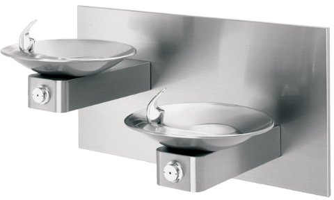 Haws 1011 Dual Satin Finish 18 Gauge 304 Stainless Steel Hi-Lo Barrier-Free Wall Mounted Drinking Fountain with Swirl Bowl and Back Panel (Mounting Frame Not Included)