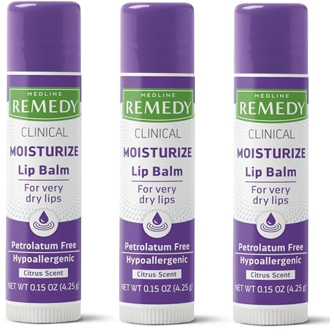 Medline Remedy Clinical Lip Balm, 3 Count, Citrus Scent, Moisturizing, Hydrating, Nourish, Nutrient Rich, Soothing Natural Oils, Revitalize, Comforting, Skin Conditioners, 0.15 oz Stick