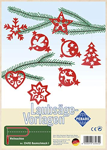 Pebaro 334/6S Laubsägevorlage Baumschmuck I, 3mm Sperrholz DIN A 4, Motiv vorgedruckt, aussägen mit Laubsägebogen, basteln, anmalen, fertig, Laubsägen, Basteln mit Holz, Geschenkidee, Weihnachtsdeko