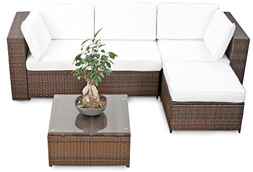 XINRO erweiterbares 15tlg. Balkon Polyrattan Lounge Ecke - braun - Sitzgruppe Garnitur Gartenmöbel Lounge Möbel Set aus Polyrattan - inkl. Lounge Sessel + Ecke + Hocker + Tisch + Kissen