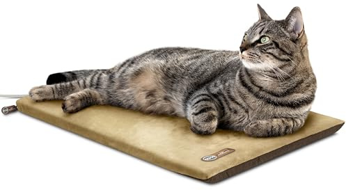 K&H Pet Products Heated Cat Bed Pad for Indoor Cats, Thermo-Kitty Mat Calming Warm Pet Heating Pad for Inside Pets, Machine Washable, Waterproof Heater, Safety Listed - 12.5 X 25in Mocha/Tan