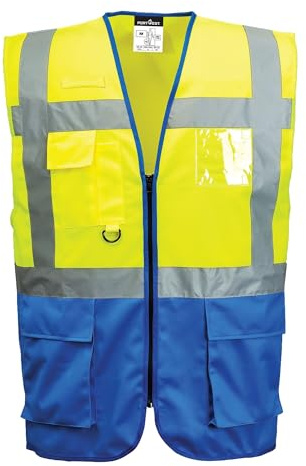 Portwest C476 Warszawa Verkställande Väst Reflekterande Tejp Hög Synlighet | Gul/Kungsblå, L, EN ISO 20471 Klass 1, Unisex, 7 Fickor, Normal Passform, Polyester, Öppning med Dragkedja, Lättvikt, Skaltyg