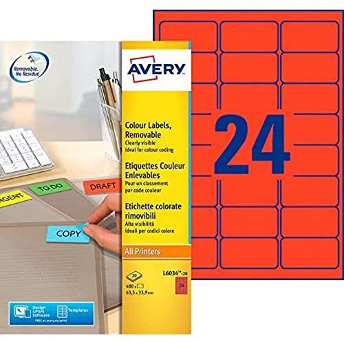 AVERY - Pochette de 480 étiquettes rouges autocollantes et amovibles, Personnalisables et imprimables, Format 63,5 x 33,9 mm, Impression laser/jet d'encre, (L6034-20)
