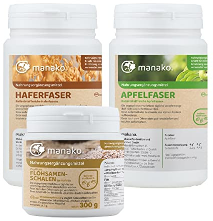 manako Set: Flohsamen gemahlen 300 g, Apfelfaser 500 g, Haferfaser 300 g (21,72 € / kg)