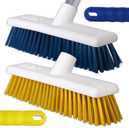 2 Pack of Equestrian Horse Stable Sweeping & Cleaning Brooms - includes 1 x 45cm Blue & 1 x 45cm Yellow Stiff Bristled Hygiene Brush Heads + 2 x Strong Metal Alloy Handles with Matching Coloured Grips - Comes With TCH Anti-Bacterial Pen!