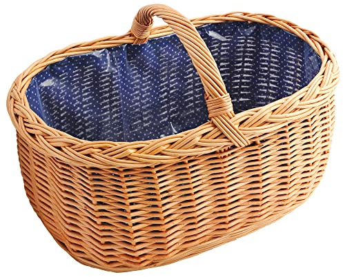 Großer Einkaufskorb Autokorb aus Weide mit Henkel und mit fest angebrachten Stoff/Schutzfolie | Muster: dunkelblau mit Punkten | geflochten oval