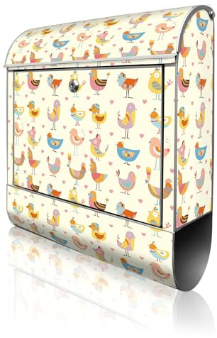 banjado Design Briefkasten 38,5x46,5x13cm & 2 Schlüssel - Briefkasten Stahl Silber mit Zeitungsfach pulverbeschichtet - Postkasten A4 Einwurf inkl. Montagematerial - Motiv Lustige Vögel