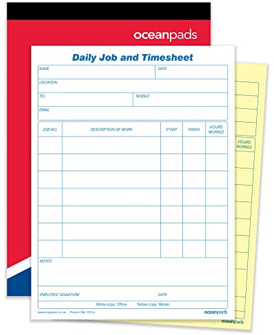 Daily Job and Timesheet Book A5 – 50 Sets – 2-Part Duplicate NCR Carbonless Work Record Book – Ocean Pads (70314)