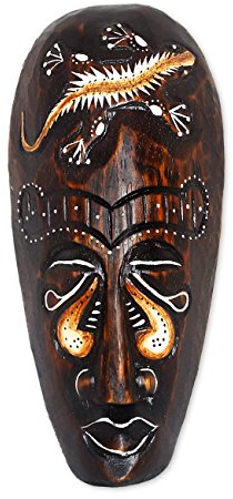 TEMPELWELT Wanddekoration Maske Holzmaske mit Gecko Motiv 20 cm, Holz braun weiß, Kunsthandwerk Bali Lombok Dekomaske im afrikanischen Stil