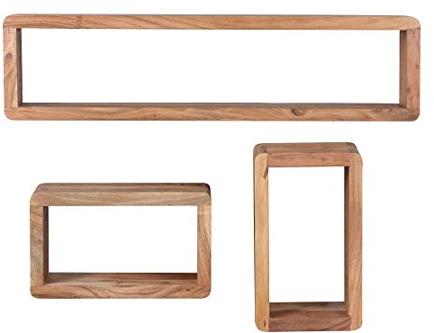 FineBuy Design Wandregal 3er Set Massiv Holzregale Landhausstil, Rustikales Wandregal-Set Holz, Hängeregal Viereckig Echtholz, Wand-Regale, Hängend Würfel, Regal Wandkästen Eckig