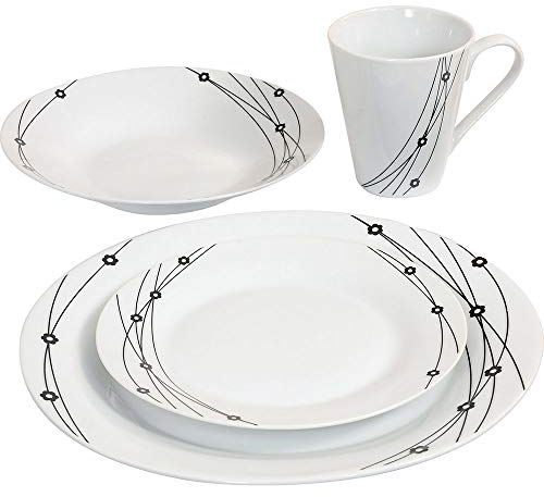 16PC Dinner Set Bowl Plate Mug Soup Side Porcelain Cup Gift Kitchen Service New (Black Patterns)