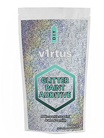 v1rtus Glitter Paint Additive - Silver Holographic | Metallic Flakes for Adding Sparkle to Paints & Wood Varnish | Add to Emulsion, Acrylic & Latex for Indoor Sparkly Walls | 100 g