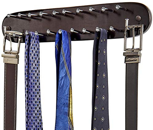 Richards Homewares Tie Rack Wall Mounted - Wood Tie Organizer for Closet 21 Chrome Hooks Storage and Organization Hnager Walnut
