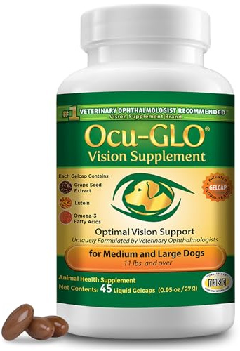 Ocu-Glo Nahrungsergänzungsmittel für Hunde und ihre Augen Kapseln für die Augenpflege mit Traubenkernextrakt, Lutein, Omega-3 Fettsäure, Vitaminen | Ergänzungsfutter gegen Augenprobleme
