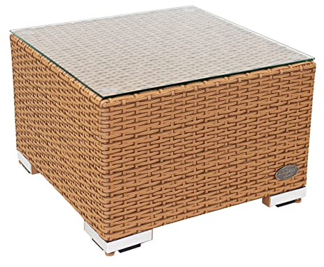 RS Trade® Exclusive 'Toscana' Polyrattan Beistelltisch mit verstärktem Alu-Gerüst und Temperglas Tischplatte (bis 90 kg als Hocker nutzbar), mit Spannbändern und höhenverstellbaren Standfüßen; Natur